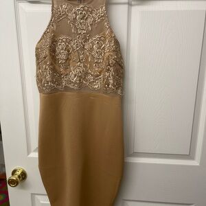 Elegant Lace Overlay Tan Dress